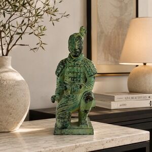 Vintage‎ Kneeling cast iron Warrior Archer Statue Verdigris Green Patina 9.5"